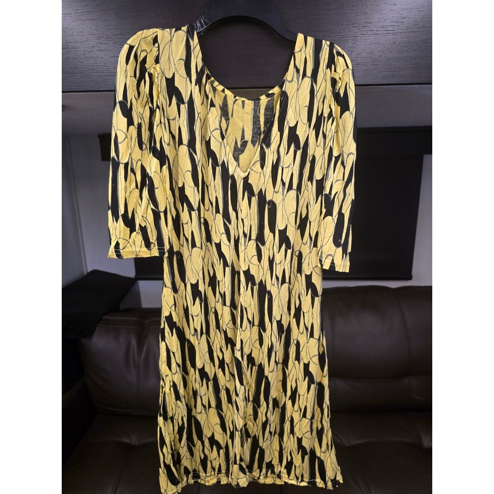 The Pyramid Collection Yellow Black Abstract Print Tunic Dress V-Neck Pockets S